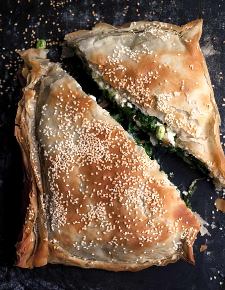 Broad bean, feta and spinach pie, by Nigel Slater.
