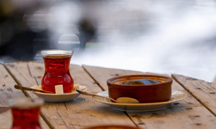 Turkish tea and rice pudding.