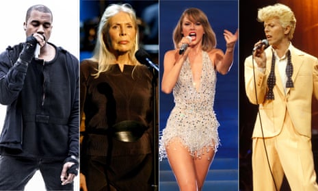 Mixing it up ... Kanye West, Joni Mitchell, Taylor Swift and David Bowie.