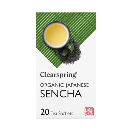 Box of Clearspring Organic Japanese Sencha green tea sachets, showing brewed tea and leaves