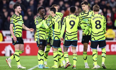 Bukayo Saka celebrates after scoring Arsenal’s second goal against Nottingham Forest