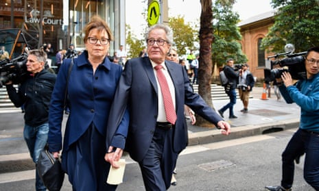 Geoffrey Rush leaves the supreme court alongside his wife Jane Menelaus
