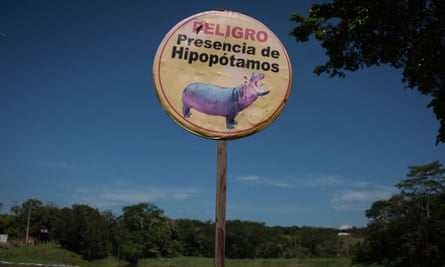 A warning sign for hippos is seen near Hacienda Nápoles park.