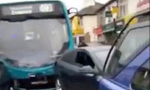 Screengrab of a bus plowing into 25 vehicles in dartford, Kent.