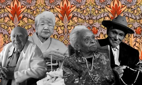 A composite image of elderly people in the foreground and a bright floral background