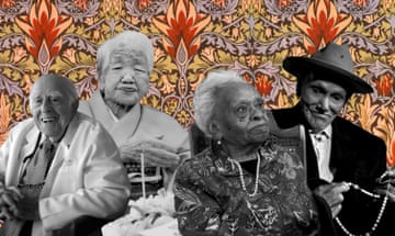 A composite image of elderly people in the foreground and a bright floral background