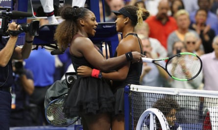 Serena Williams congratulates Naomi Osaka after the Japanese player’s first grand slam title