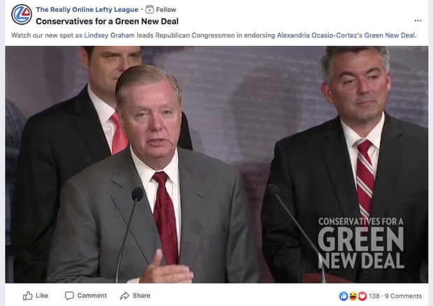 A Facebook ad run by a PAC called The Really Online Lefty League, which falsely claims that Lindsey Graham supports the Green New Deal.