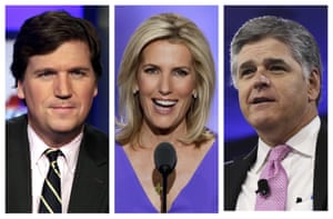 Fox News hosts, from left, Tucker Carlson, Laura Ingraham, and Sean Hannity.