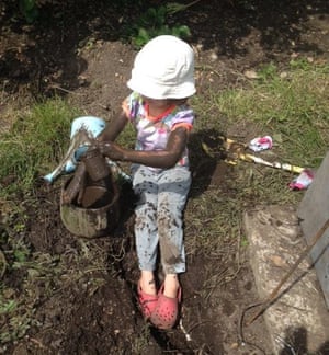 My 5 year old playing with mud at our allotment in South London.