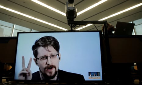 Edward Snowden speaks via video link at an EU event in Strasbourg in 2019. The US government has repeatedly demanded that he return to face charges under the Espionage Act.