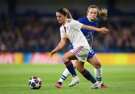 Danielle van de Donk moves away from Erin Cuthbert as Lyon dominate the opening stages.