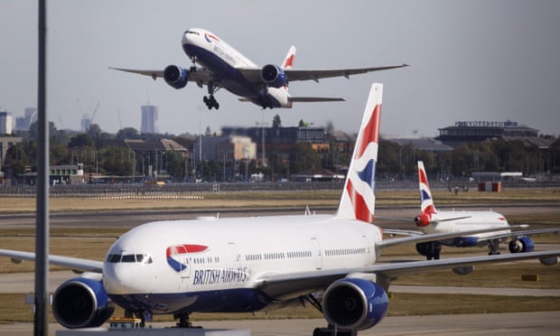 In this file photo taken from 2019, a British Airways aeroplane takes off from the runway at Heathrow Airport’s Terminal 5 in west London.