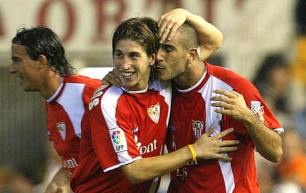 Sergio Ramos congratulates Carlos Aranda for his goal for Sevilla against Valencia in 2004