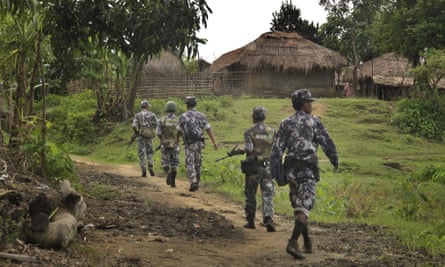 Myanmar soldiers on patrol in Rakhine state