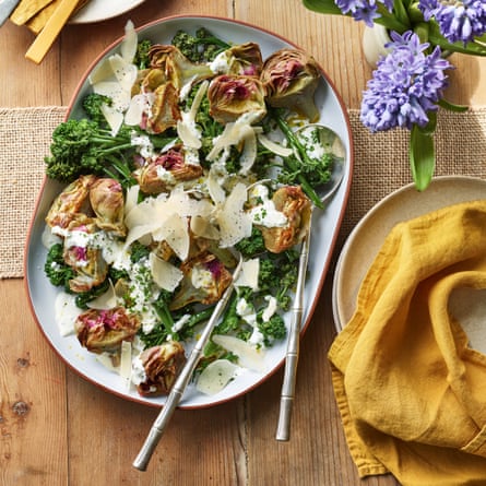 Purple artichokes and purple sprouting broccoli with warm creme fraiche.