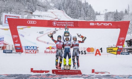 Ryding (centre) on the podium alongside Norway’s Lucas Braathen (left) and Henrik Kristoffersen (right)