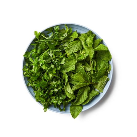 the vessel of chopped herbs