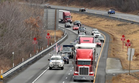 Trucks and cars in support of the “people’s convoy” heading to south on Interstate 81.