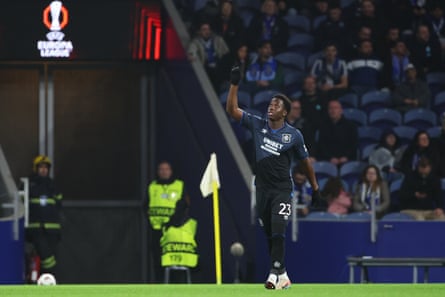 Djeidi Gassama after looping a header into the corner of the net to give Rangers the lead against Porto