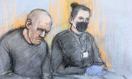 Court artist sketch of Wayne Couzens (left), appearing in the dock at Westminster magistrates court.