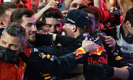 Red Bull’s Max Verstappen celebrates after winning the race.