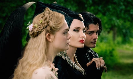 Less interesting this time around … Elle Fanning as Aurora, Angelina Jolie as Maleficent and Sam Riley as Diaval in Maleficent: Mistress of Evil.