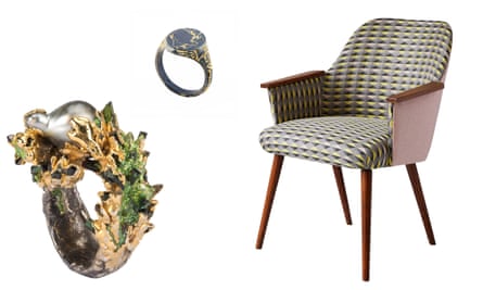 From left to right, ring by Maud Traon, ring by Castro Smith, chair upholstered in Majeda Clarke’s Shaded Triangle fabric