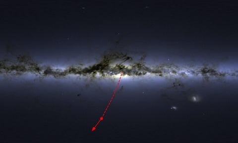 An illustration by the Royal Astronomical Society of the location of the hyper-fast star and the direction of its motion