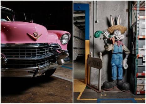 Left: The pink Cadillac from the latest Elvis film. Right: A massive Bugs Bunny looms out of the darkness.