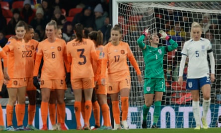 England goalkeeper Mary Earps is frustrated after conceding a second goal to the Netherlands.