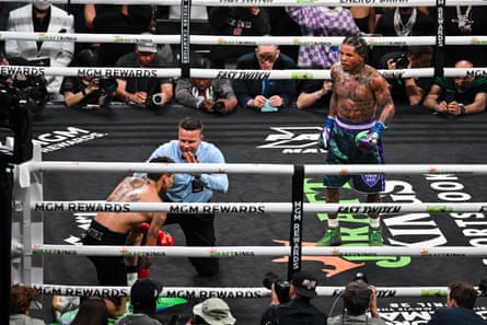 Ryan Garcia is counted out during the seventh round of Saturday’s fight against Gervonta Davis at the T-Mobile Arena in Las Vegas.
