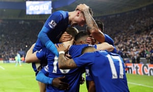 Riyad Mahrez is surrounded by teammates after making it 2-0.