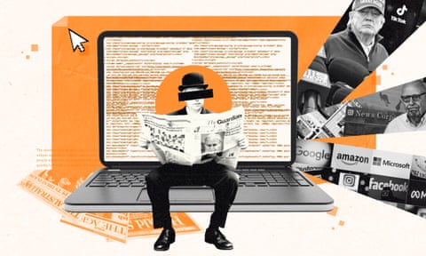 Composite illustration showing man reading newspaper sitting on laptop with Donald Trump, Rupert Murdoch and tech company logos on one side and Australian newspaper brands on the other