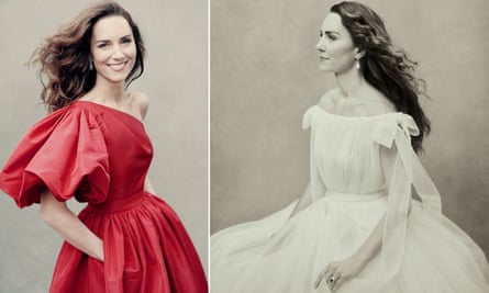 Composite of duchess in red and dress and white dress