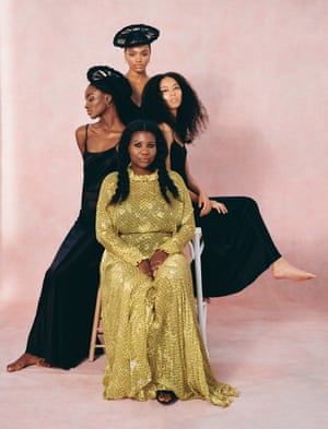 ‘For so long, there were all these European standards and stereotypical images of what black hair looked like and what it meant’: Charlotte Mensah wears yellow dress, preenbythorntonbregazzi.com. Zainab (left) wears sustainable black dress, madebyvoz.com, and earrings, shaunleane.com. Lisa (middle) wears black slip, joseph-fashion.com, and earrings, shaunleane.com. Ruby (right) wears sustainable black dress, madebyvoz.com.