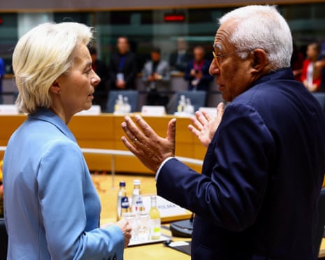 European Commission president Ursula von der Leyen and European Council president António Costa talk on the day of the European Union leaders’ summit in Brussels, Belgium.
