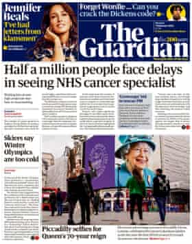 Front page of the Guardian, Monday February 7, 2022