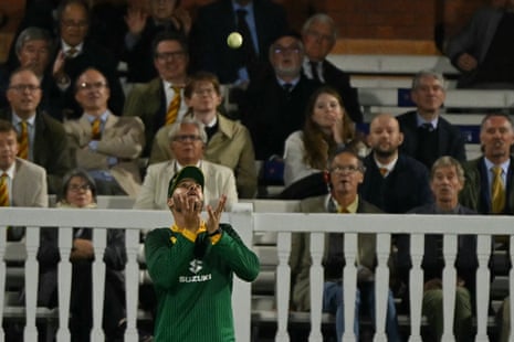 South Africa's Aiden Markram take the catch to dismiss England's Brydon Carse.