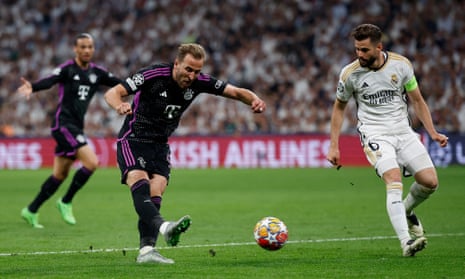 Bayern Munich’s Harry Kane shoots at goal against Real Madrid.