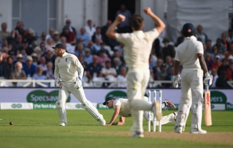 Woakes reacts after Cook at slip spills the catch.