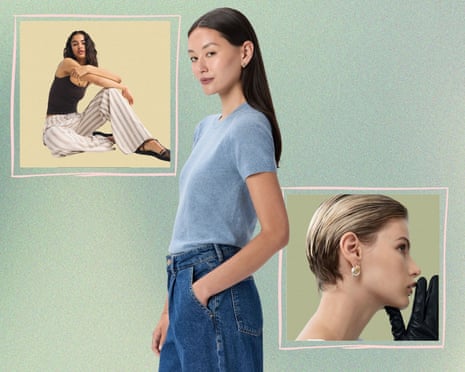 three photos of models wearing striped linen pants, a blue shirt and jeans, and two-toned gold and silver earrings