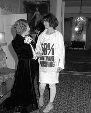 Katharine Hamnett, wearing a T-shirt highlighting public opposition to ‘Pershing’ nuclear missiles, meets then prime minister Margaret Thatcher.
