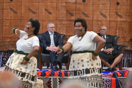 Albanese and Fiji’s Rabuka watch dancers at a welcome ceremony