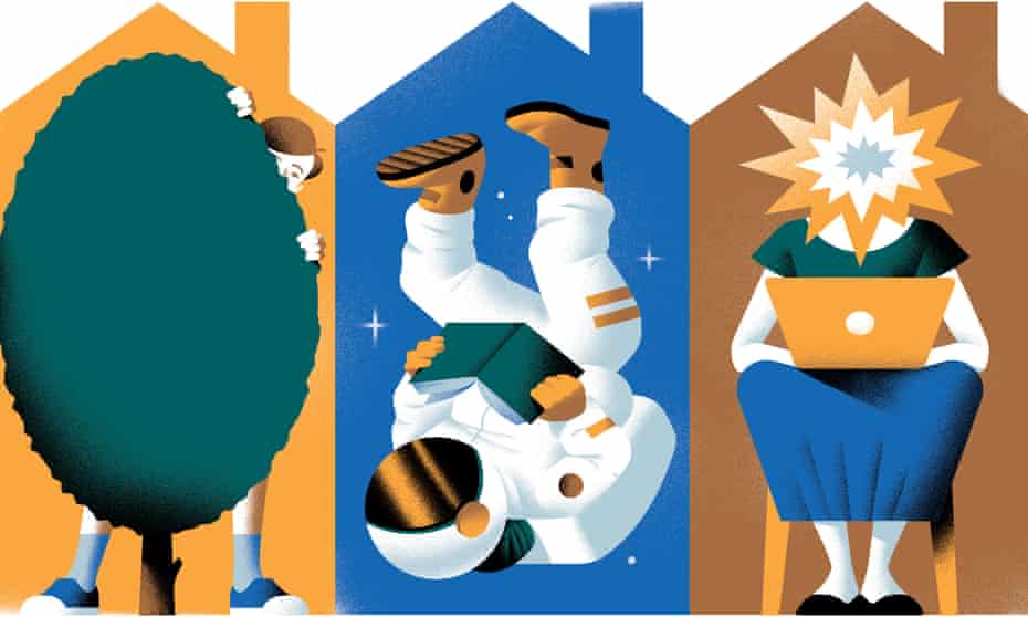 Illustration of woman hiding behind hedge, an astronaut and a woman on a laptop