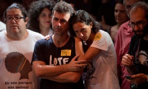 Marcelo Freixo (L), Rio de Janeiro state deputy for the Socialism and Liberty Party (PSOL) and the widow of the late activist Marielle Franco, Monica Tereza Benicio (R), attend a rally of Brazilian leftist parties at Circo Voador in Rio de Janeiro, Brazil, on April 02, 2018. The chief justice of Brazil’s Supreme Court urged calm and warned against violence Monday ahead of a ruling that could send former president Luiz Inacio Lula da Silva to prison -- or give him a get-out-of-jail card. / AFP PHOTO / Mauro PimentelMAURO PIMENTEL/AFP/Getty Images