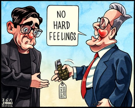 A cartoon showing Keir Starmer going to shake Andy Burnham’s hand while holding a grenade, which has a tag saying ‘defence funding’. Starmer is saying ‘no hard feelings’.