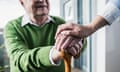 Close-up of woman holding senior man's hand leaning on cane<br>deutschland,mannheim,lifestyle,senior,pflege