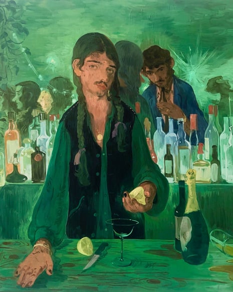 Painting of a bartender with long braids extending a drink garnish across a bar, in green light