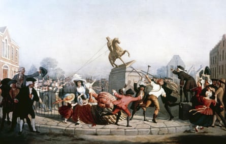 A mob pulls down a statue of George III at Bowling Green, New York City